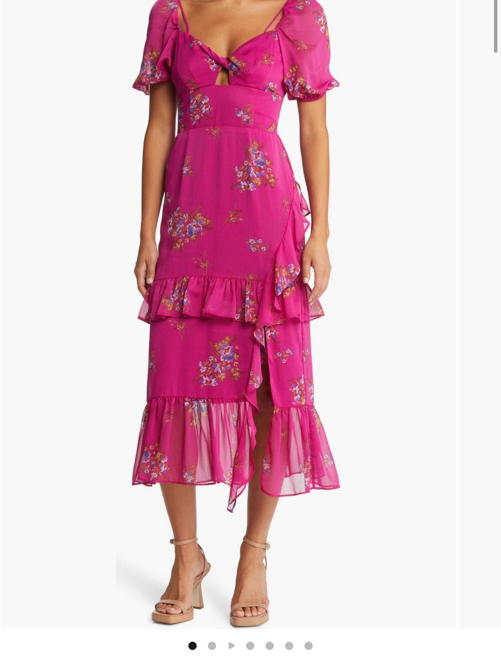 Wayf Hot Pink Floral Ruffle Midi Dress